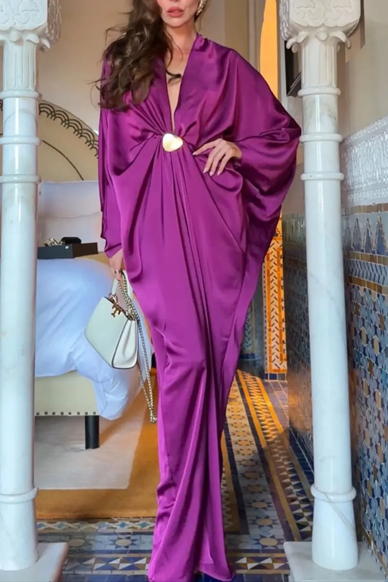 Elegantes Satin-Gastkleid für Damen mit Tiefem V-Ausschnitt, Fledermausärmeln, Gerafftem Design, Loser Passform, Party-Kaftan, Abendkleid, Maxikleid – Detail 6