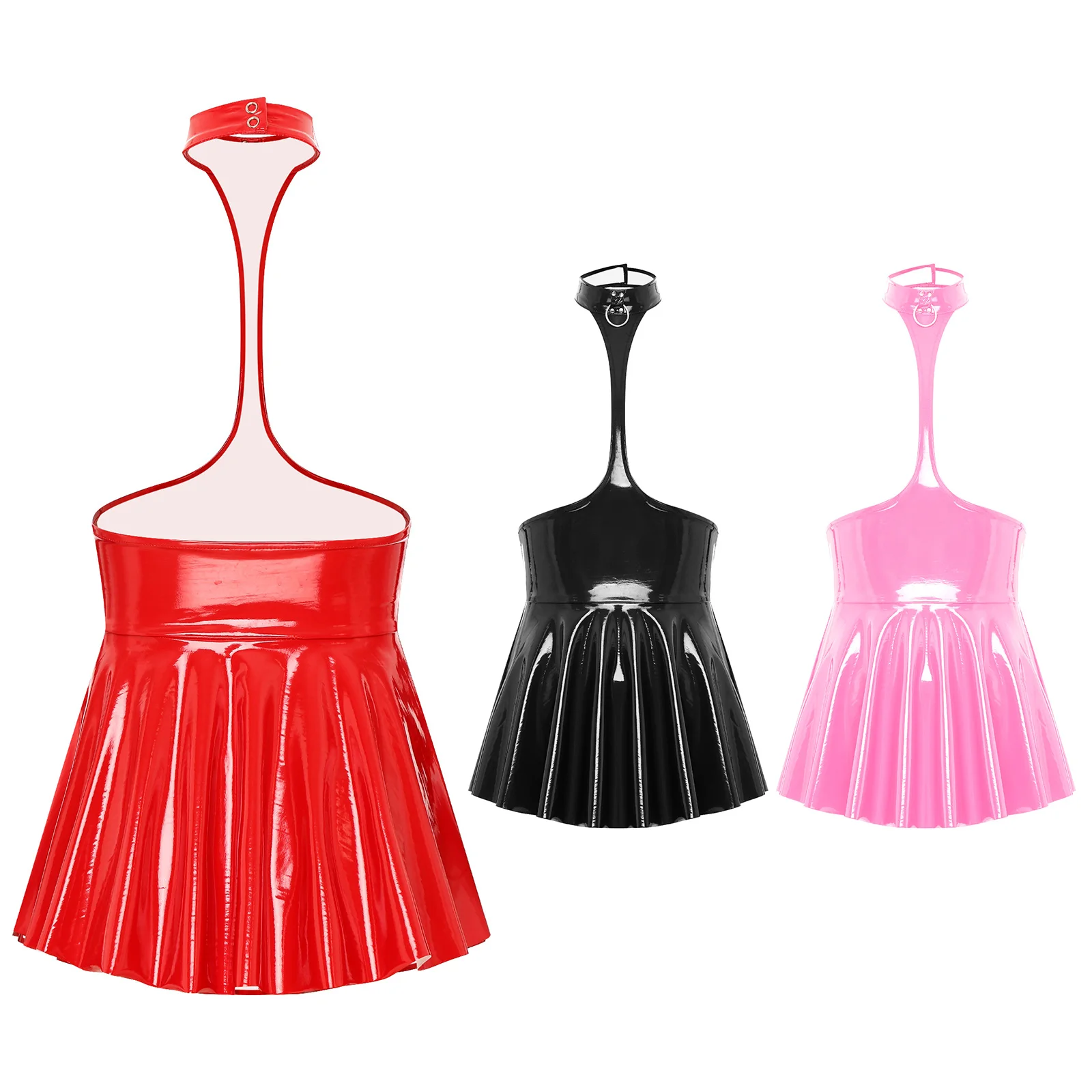 Womens Shiny Metallic Faux Leather Hollow Out Halter Backless Mini Skater Dress Wet Look Pleated A Line Skirt Party Clubwear