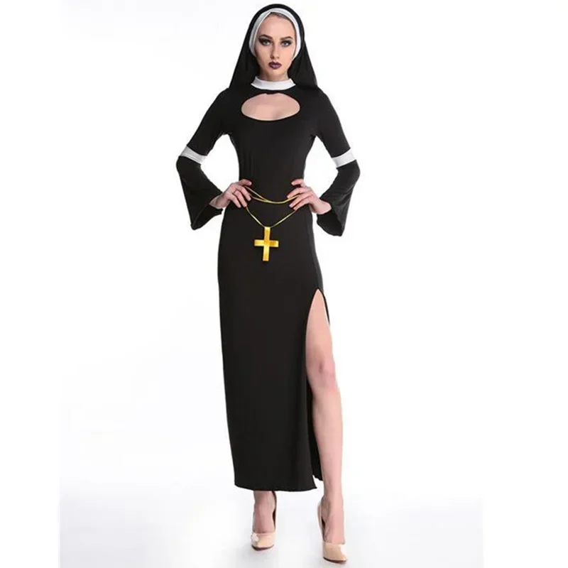 

Sexy Nun Adult Cosplay Costume With Black Hood For Halloween Party Dress