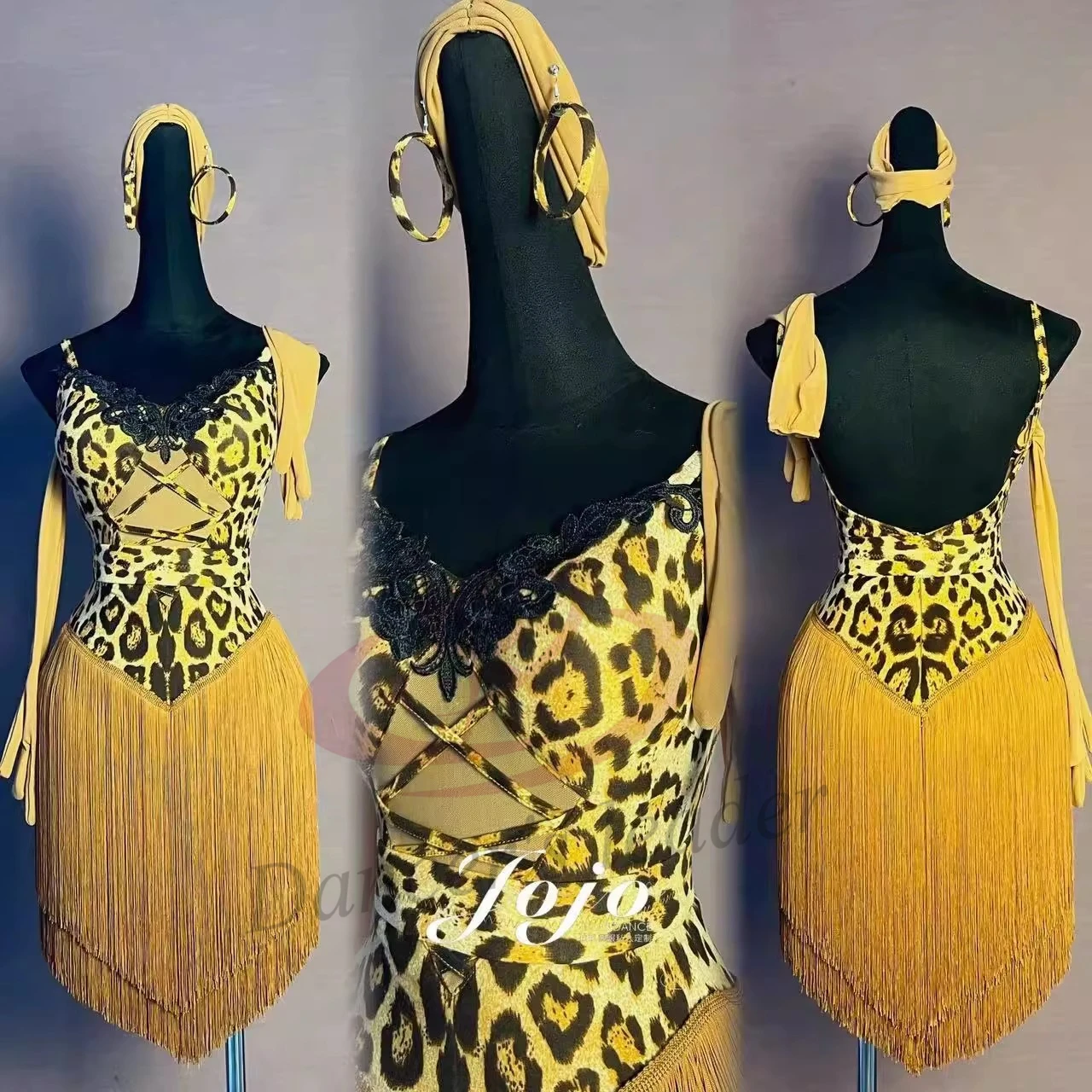 Robe de danseuse latine pour enfants et adultes, haut de gamme, personnalisé, imprimé léopard, bretelles, pompon, strass Samba, robe de spectacle