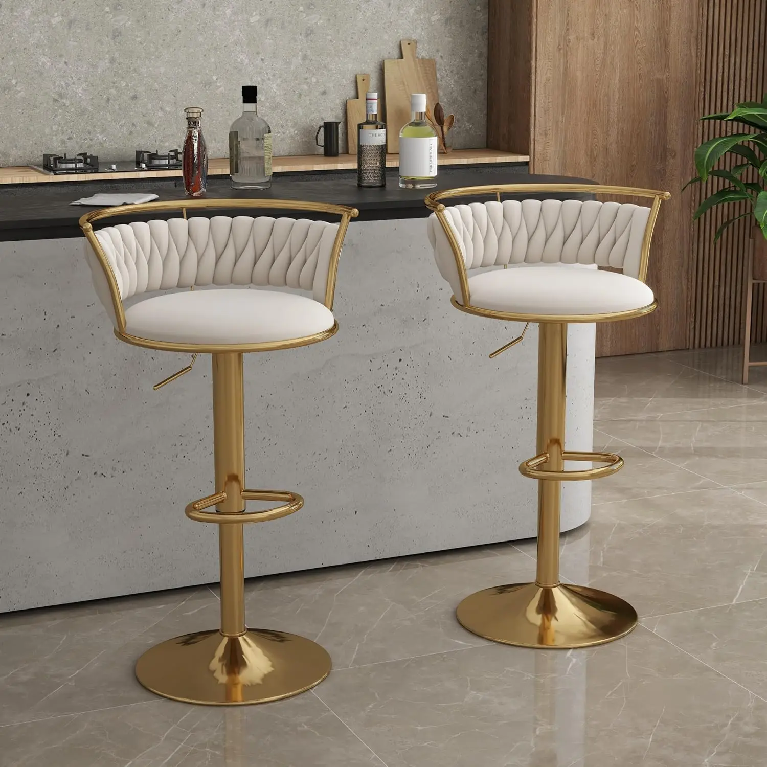 

360° Swivel Bar Stools Set of 2, Modern Adjustable Counter Height Velvet Bar Chair Gold Metal Stool, Comfortable (Ivory)