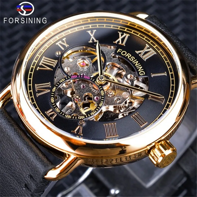 

Fashion Forsining Top Brand Men's Casual Classic Popular Hollow Waterproof Handwinder Automatic Mechanical Genuine Leather Watch