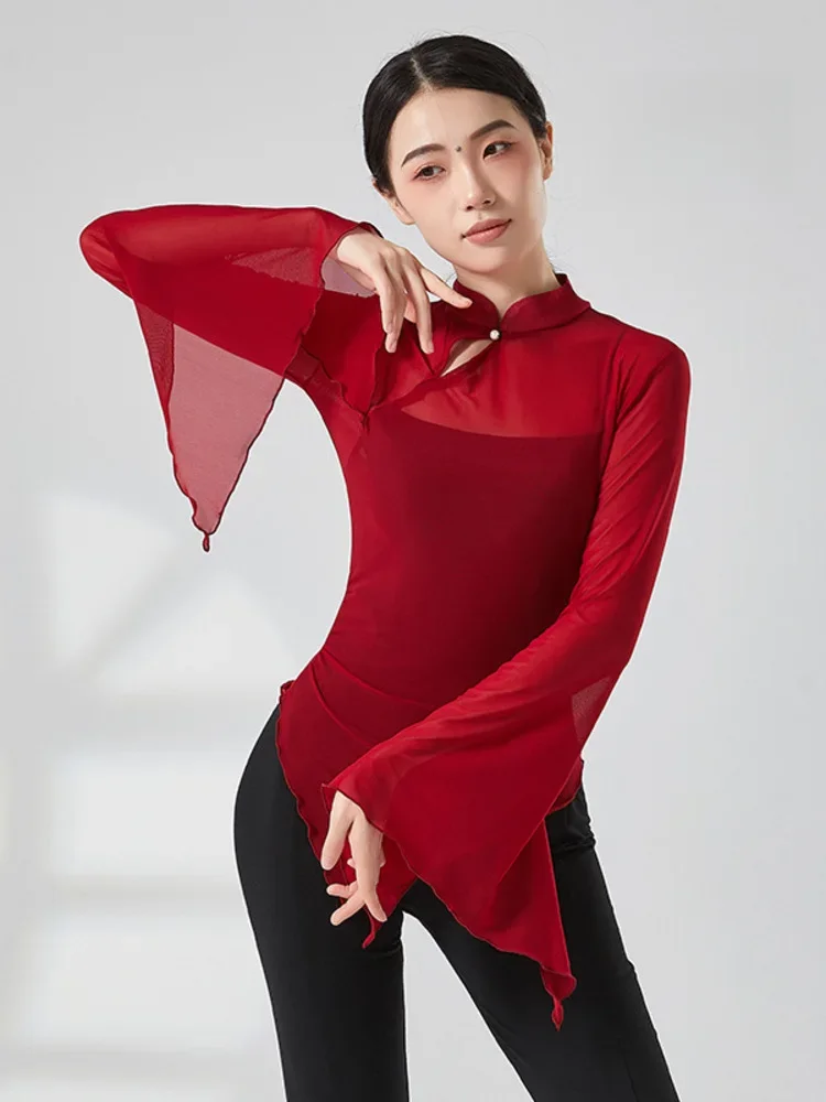 Mesh Slim Fit Modern Dance Competition Tops Stage Costume Party Latin Wear Woman Solid Color Street Young Girls Clothes