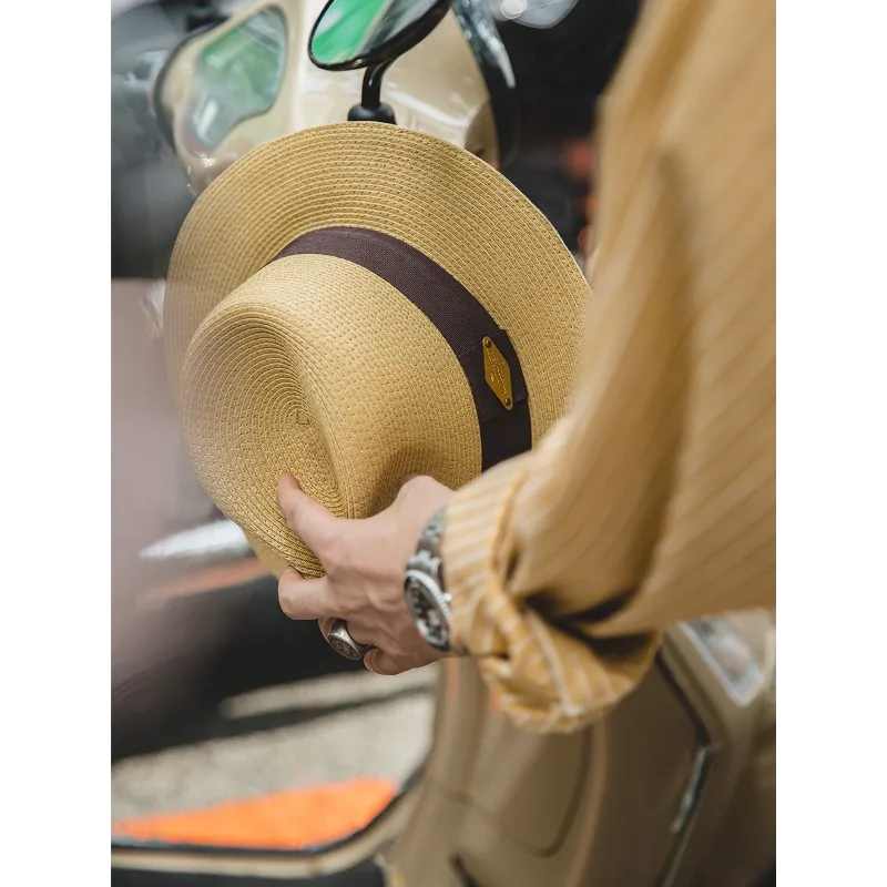 Maden Summer Men's Vintage Straw Panama Hat UV Protection Breathable Wide Brim Outdoor Casual Built-in Sweat Absorbing Headband