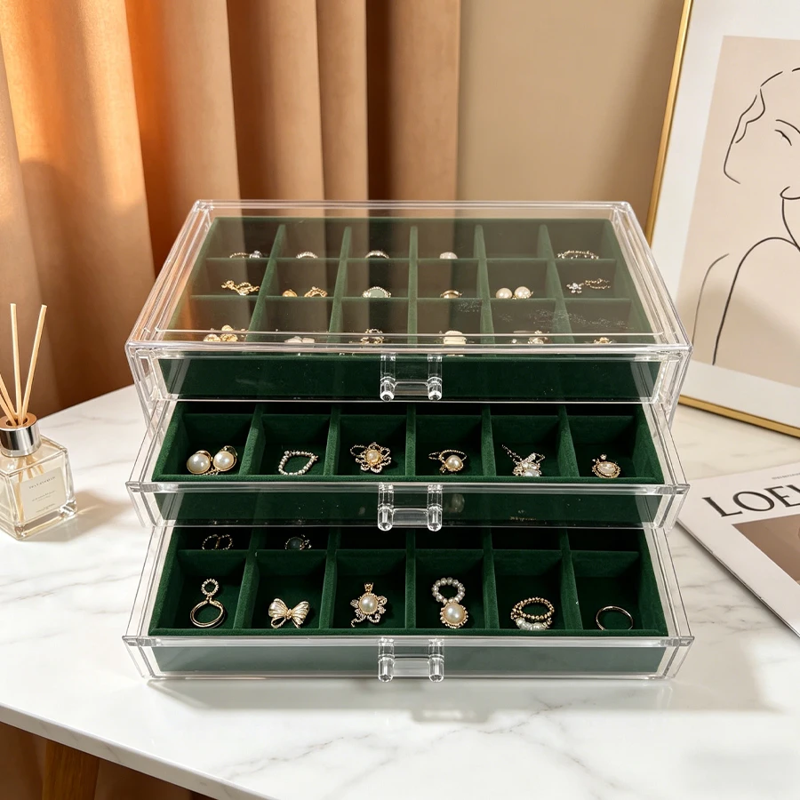 Green Three-Compartment Acrylic Jewelry Storage Box for Organizing Necklaces, Earrings and Rings. Felt Tray for Jewelry and Neck