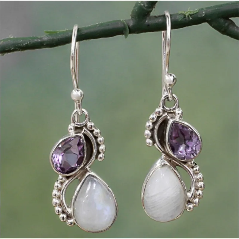 JK Antique Silver Beaded Frame Teardrop Amethyst Rainbow Moonstone Hook Dangle Women Earrings, Boho Vintage Soft Dreamy Handmade Elegant Bridal Wedding Earrings, Bride Gifts Fit Mother’s Day, Easter & Romantic Garden Spring Wedding Holiday Teas