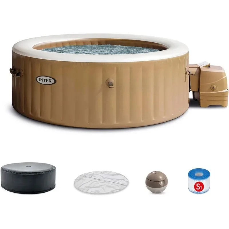 

PureSpa 4 Person Round Bubble Massage Inflatable Hot Tub Spa Set, with 120 Jets, Push Button Control Panel,Tan