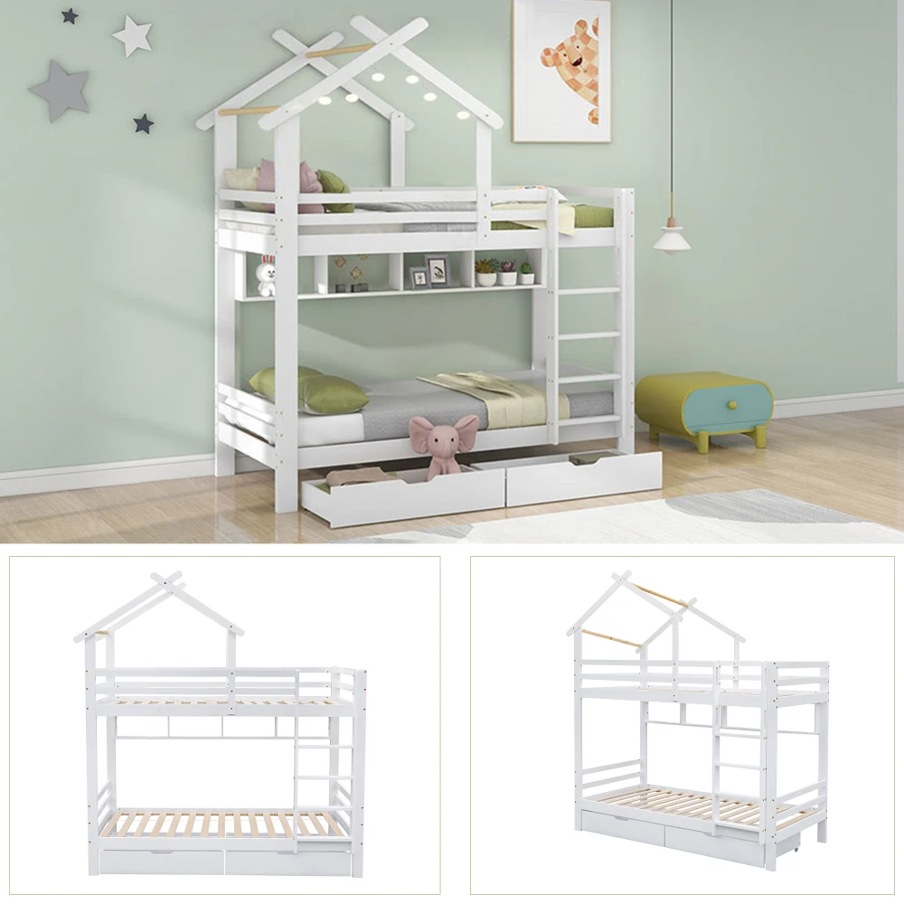 PINGGO Etagenbett mit Schubladen, Regalen, Hausbett, 3-stufige Leiter, Kiefernholzrahmen, Weiß, 90x200cm, Kinderbett mit Fallschirmgitter – Detail 6