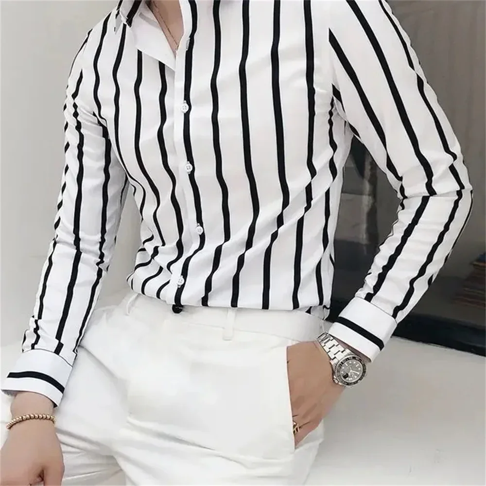 2024 Men\'s Shirts Formal Loose Men Striped Office Solid Shirts Promotion Elegant Slim Shirts Fast Shipping XS-6XL