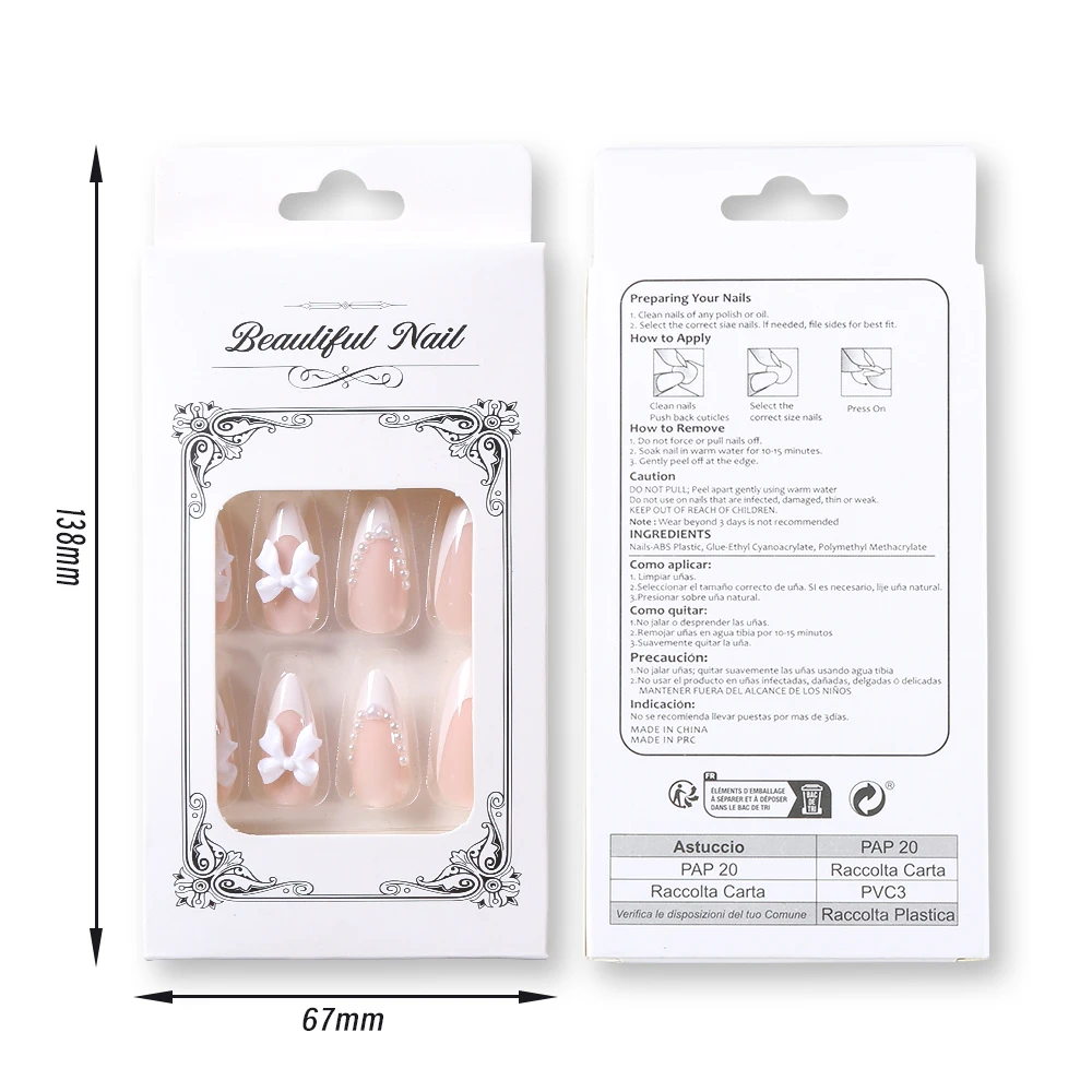 1 caixa (24 peças + gel de gelatina) imprensa de amêndoa francesa em unhas 3d bowknot pérolas encantos unhas falsas remendo de unhas simples para mulheres manicure diy