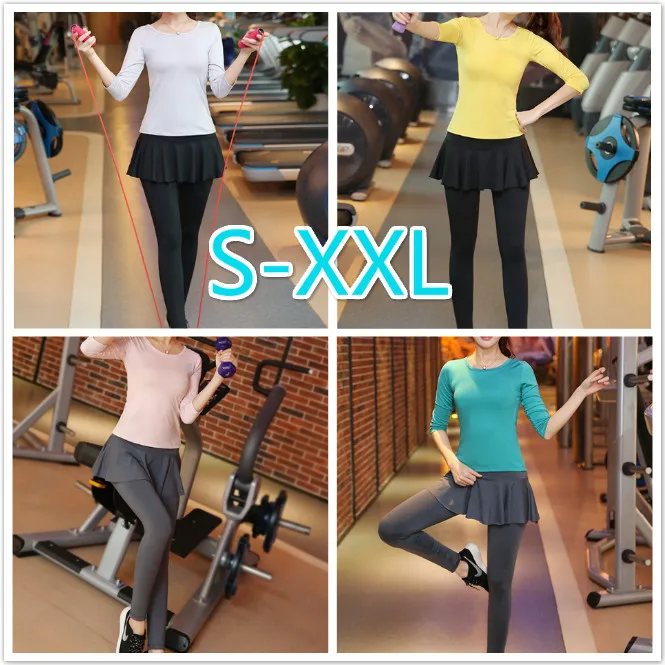 

Mid-sleeve sportswear+Yoga Suit Pants Fake Two-Piece Culottes Slimming Latin Dance Leggings Quick-Dry Ultra-stretch