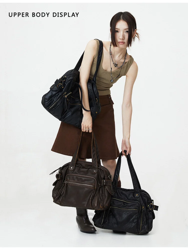 Sacà bandoulière simples pour fille couro macio retro mensageiro saco grande capacidade sacola punk multi bolso y2kmotorcycle saco