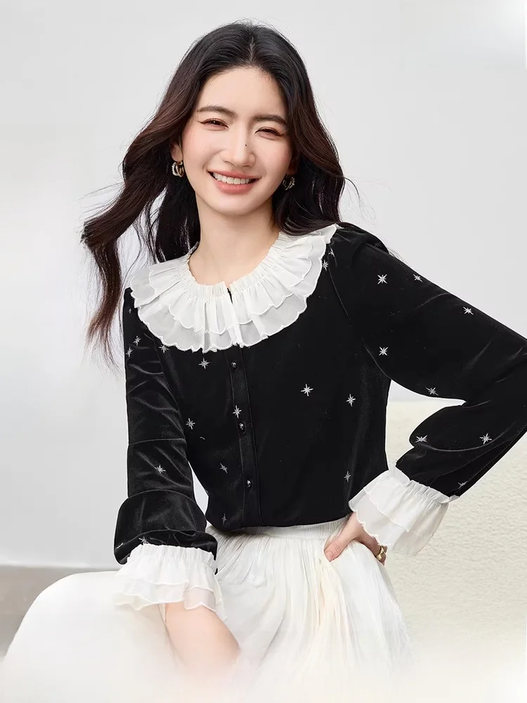 

Velvet Snowflake Patterned round Neck Shirt Women's Fashion Double Layer Flounce Sleeve Silver Heat Transfer Winter New Style