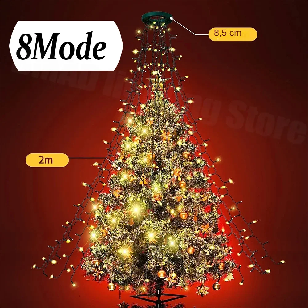 8 Modes Timer LED Christmas Tree Waterfall Lights with Star Topper Memory Twinkle Garden Holiday Lighting Christmas Decorations