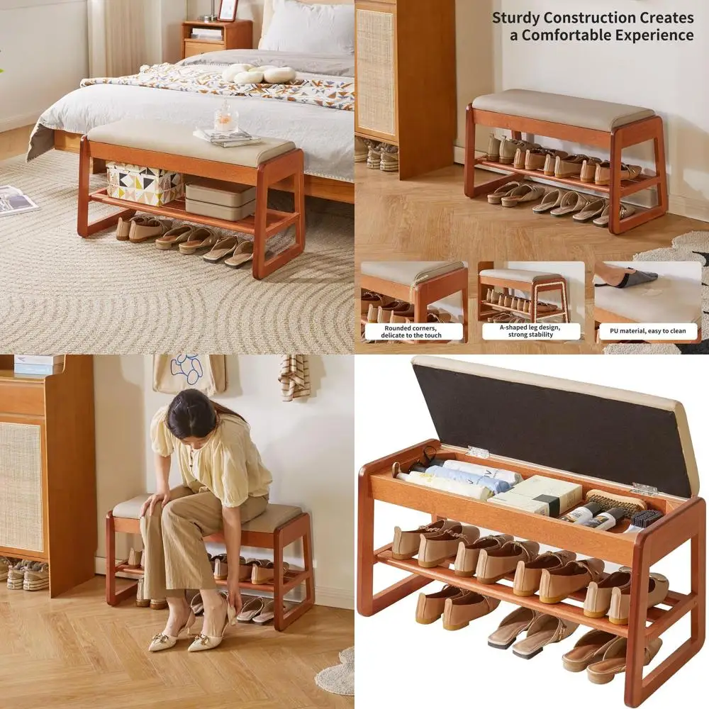 

Cherry Wood 2-Tier Shoe Bench with Flip-Top Storage for Entryway and Living Room