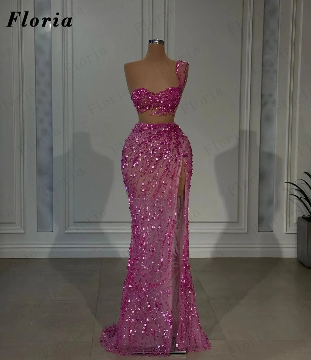 See Through Sequins Prom Dresses Elegant One Shoulder Formal Evening Dresses Robes Du Soiree Arabic Dubai Side Slit Party Dress