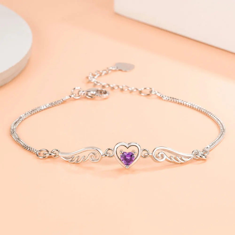 925 Sterling Silver Bracelet Angel Lover Zircon Amethyst Bracelet Woman Engagement Wedding Charm Jewelry Gift