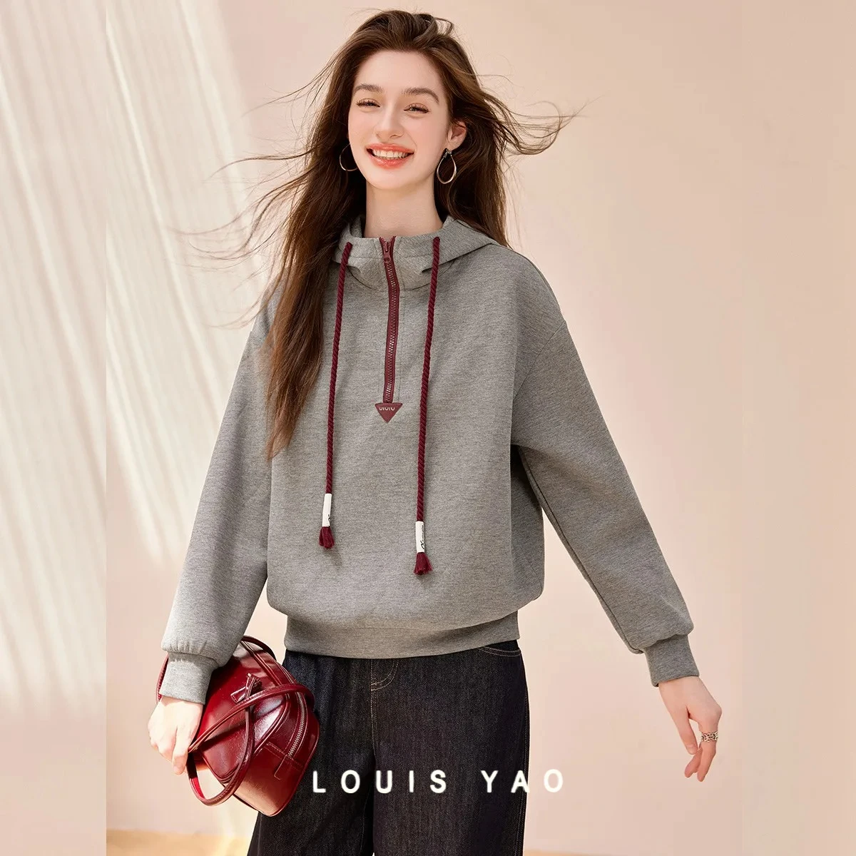 LOUIS YAO Color Contrasting Women's Sweatshirts 2025 Autumn Casual Oversized Drop-Shoulder Zipper Design Women's Knit Hoodies