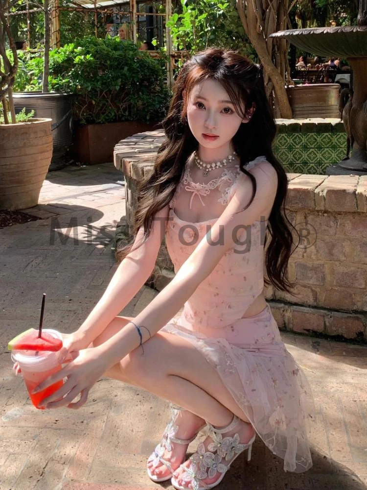 Princess Sweet Sexy New 2 Piece Set Women French Style Lace Mini Skirt Suit Female Bow Floral Print Tops+chiffon Kawaii Skirt