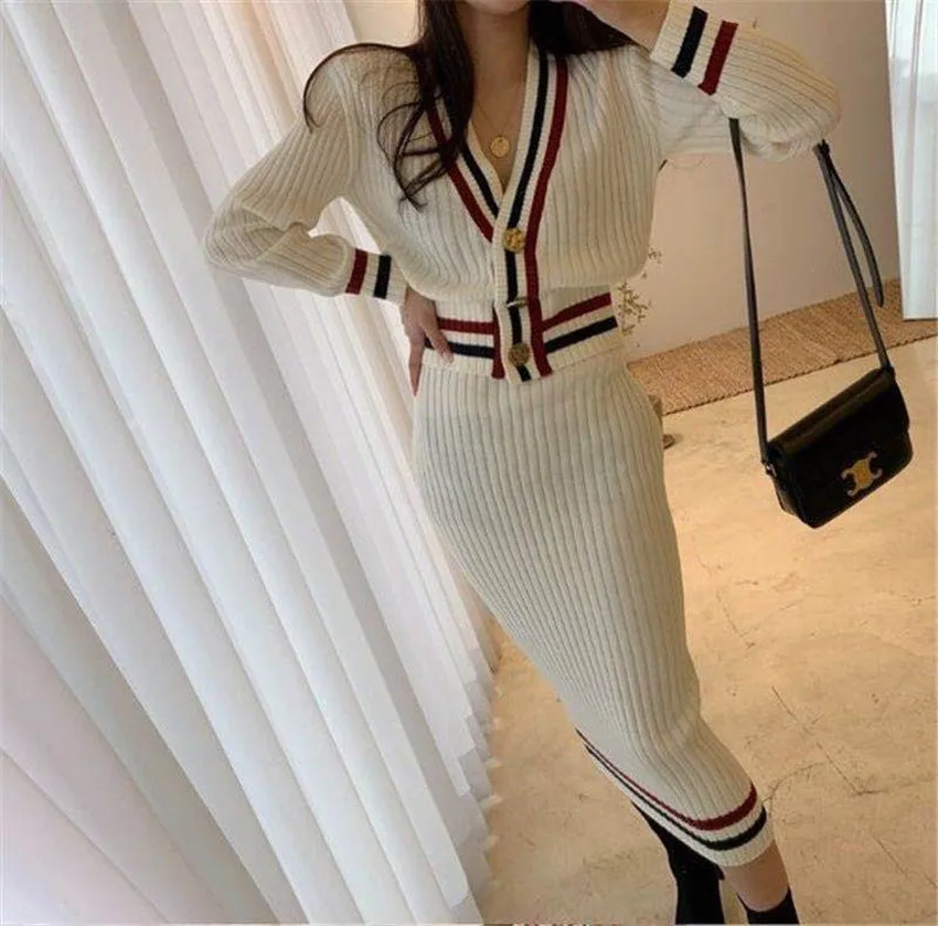 JSXDHK Korean Chic Autumn Winter V Neck Hit Color Striped Knitted Cardigan Sweater Coat + High Waist Bodycon Midi Skirts Suits