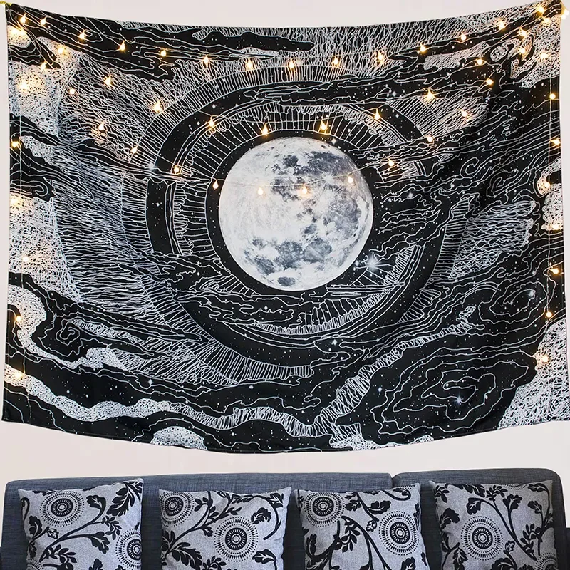2026 New Seven Stars Moon And Star Tapestry Macrame Hanging Psychedelic Mountain Mandala Tapestry Boho Decor Hippie Wall Carpet