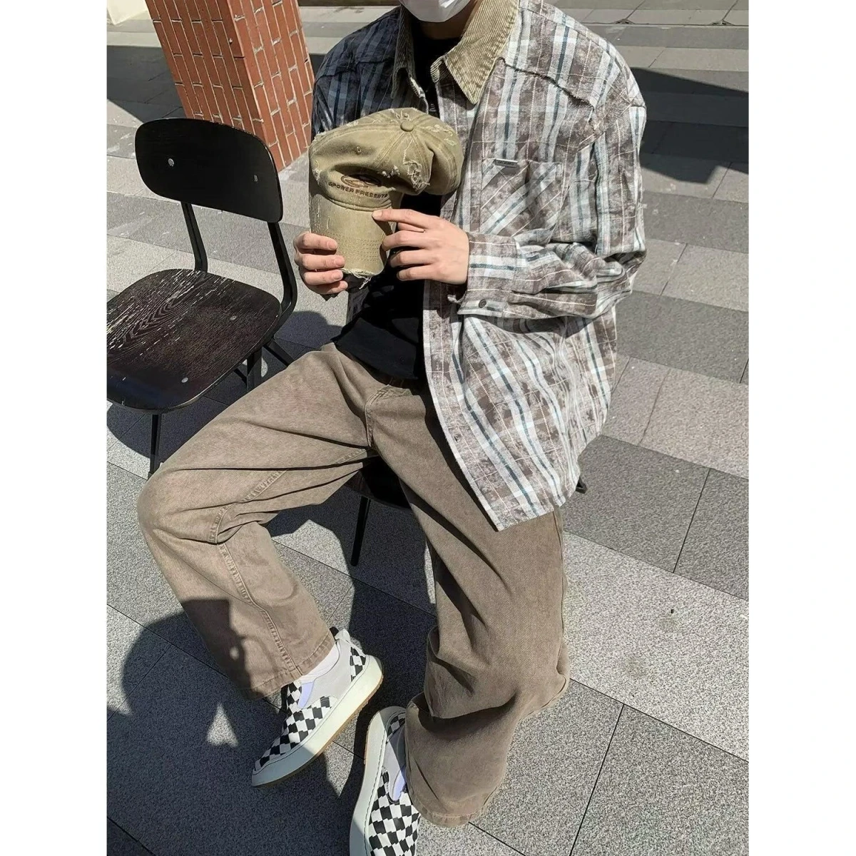 

Ретро-рубашка в американском стиле с вельветовым воротником и лоскутным узором, с длинными рукавами, мужская повседневная универсальная рубашка для весны и осени, для отдыха и повседневной носки