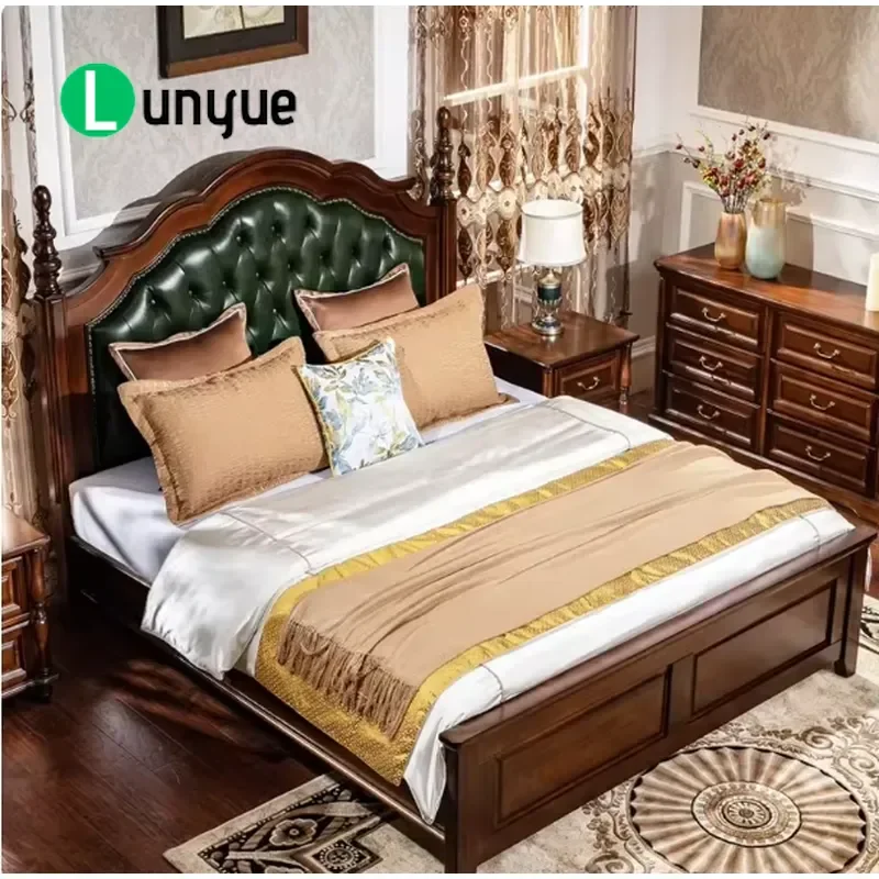 American Classical Solid Wood Bed with Leather Headboard and Storage Base for Master Bedroom or Wedding Room Durable