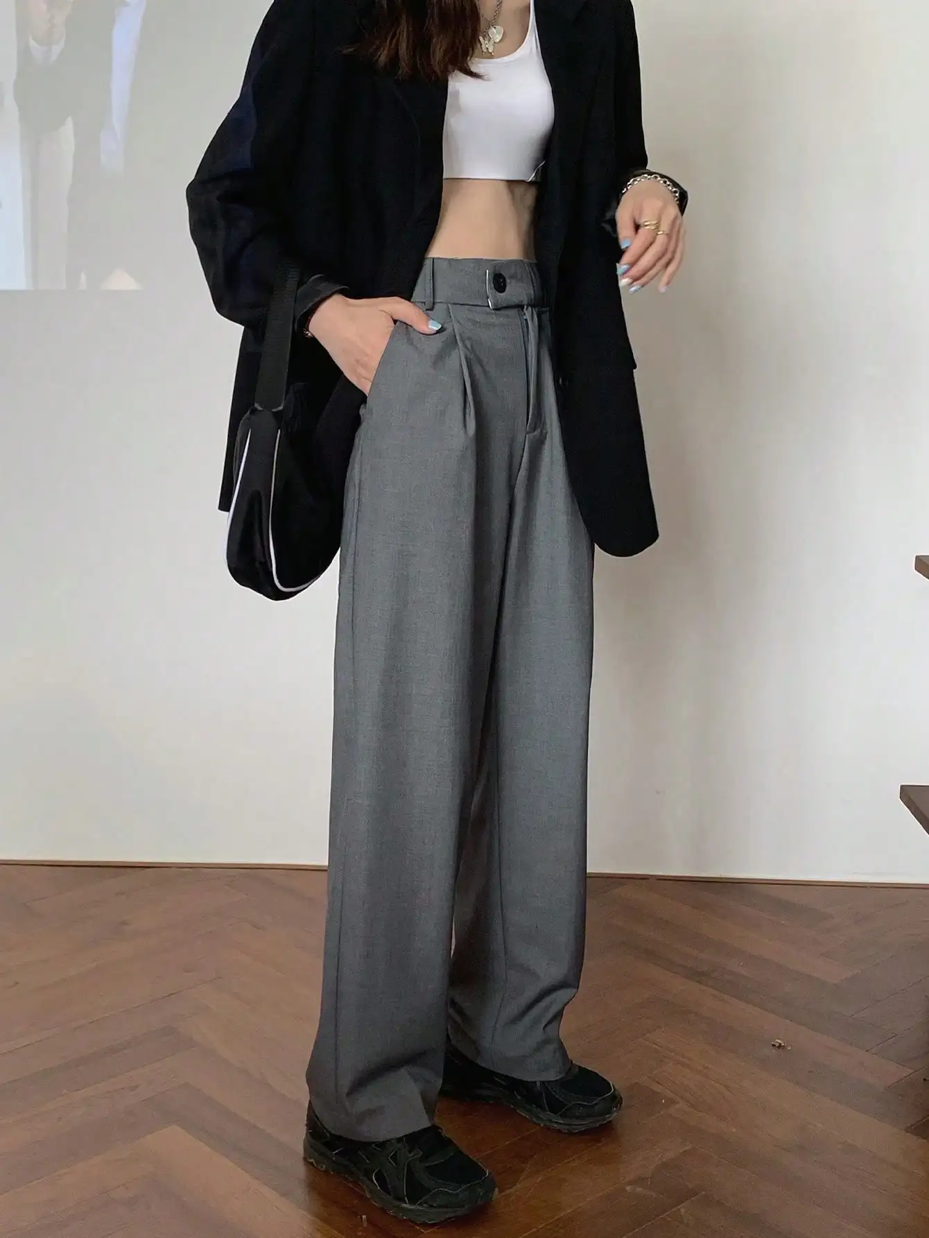 French Gray High-Waisted Wide-Leg Pants for Women 2025 New Spring & Fall Style High-End Pear-Shaped Figure Straight Suit