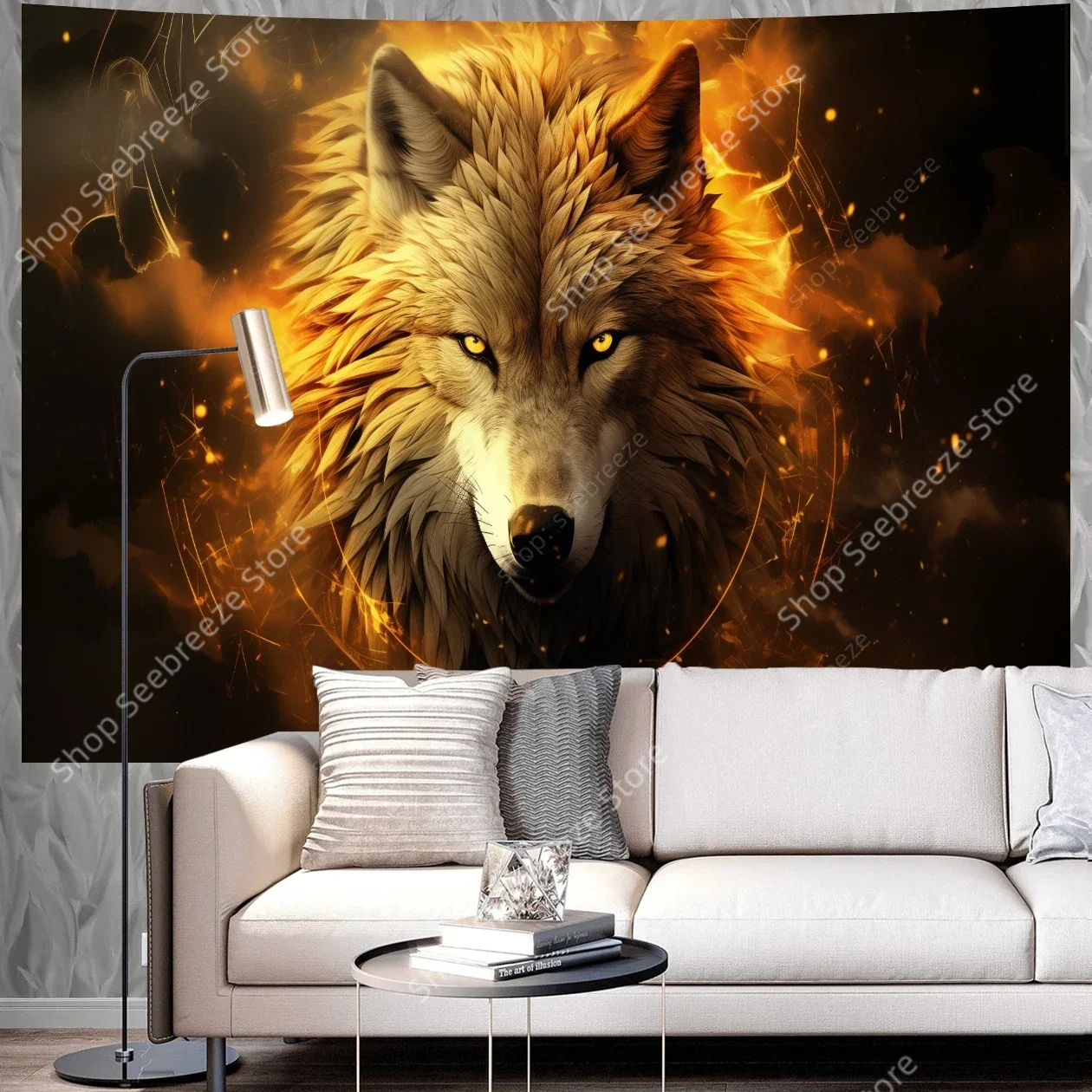 Majestic Wolf Mystical Golden Flames Tapestry Vibrant Spiritual Nature Inspired Abstract Wall Art Home Decor Modern Energy