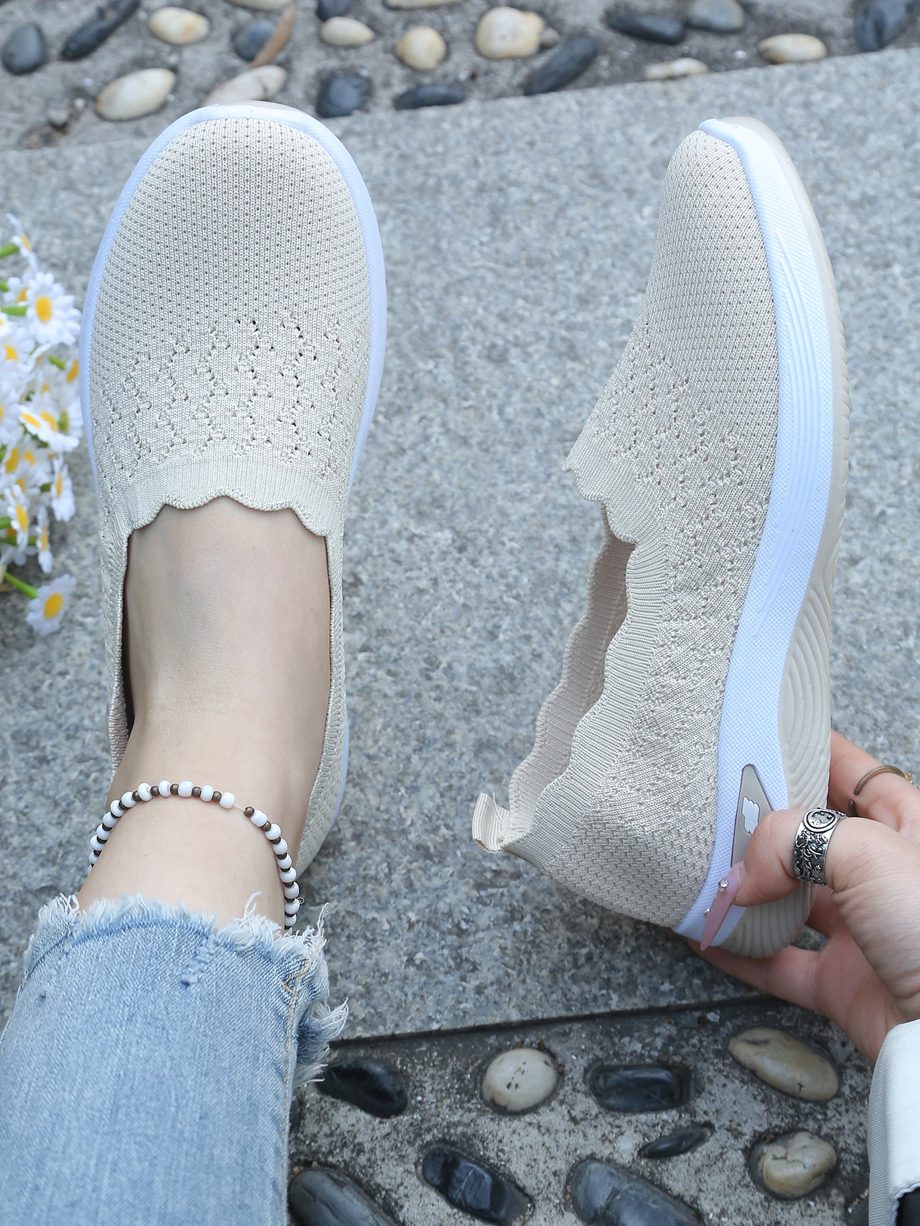 Damen-Slip-On-Freizeitsneaker aus Strick, atmungsaktive, leichte Komfort-Wanderschuhe mit Muschelbesatz, kostenloser Versand – Detail 16