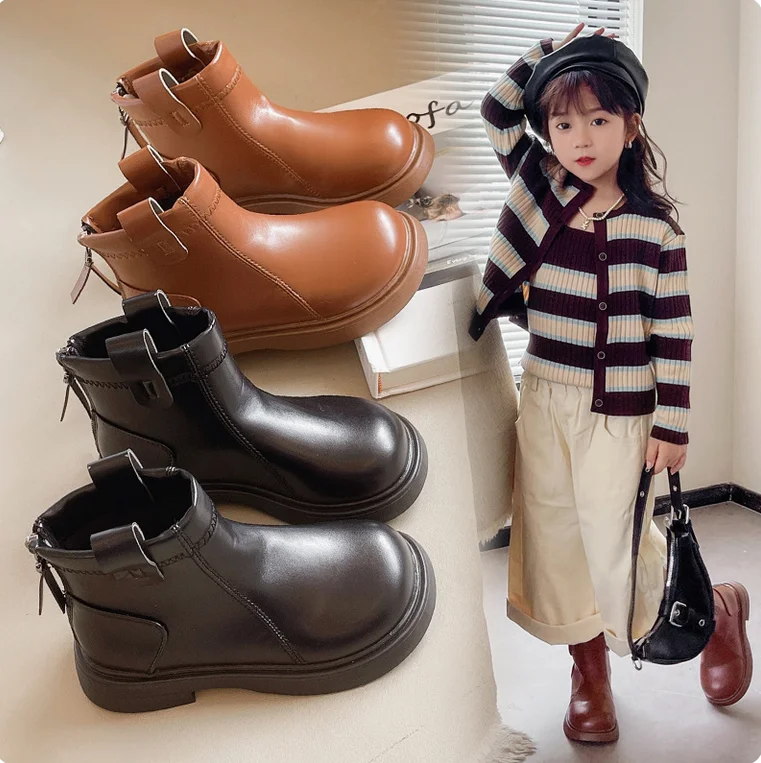 Girls Leather Boots Round-toe Children Chelsea Boots Non-slip Fashion Kids Black Brown Short Boots Simple Anti-Slippery 2025 New