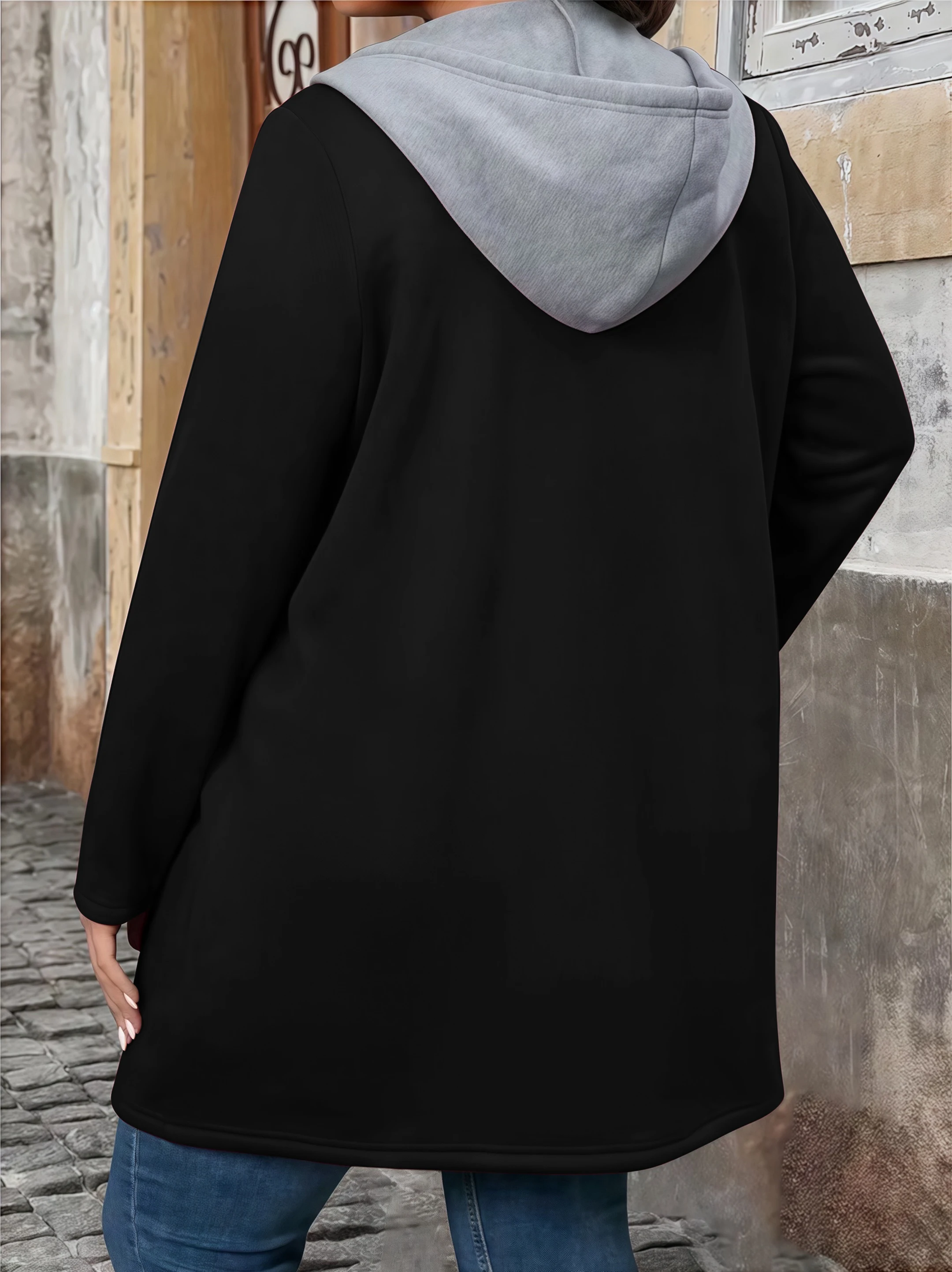 Elegantní jednobarevný dvoubarevný dlouhý kardigan s kapucí, kapsami a stahovací šňůrkou, dámský kabát pro větší velikosti na podzim a zimu - náhled 4