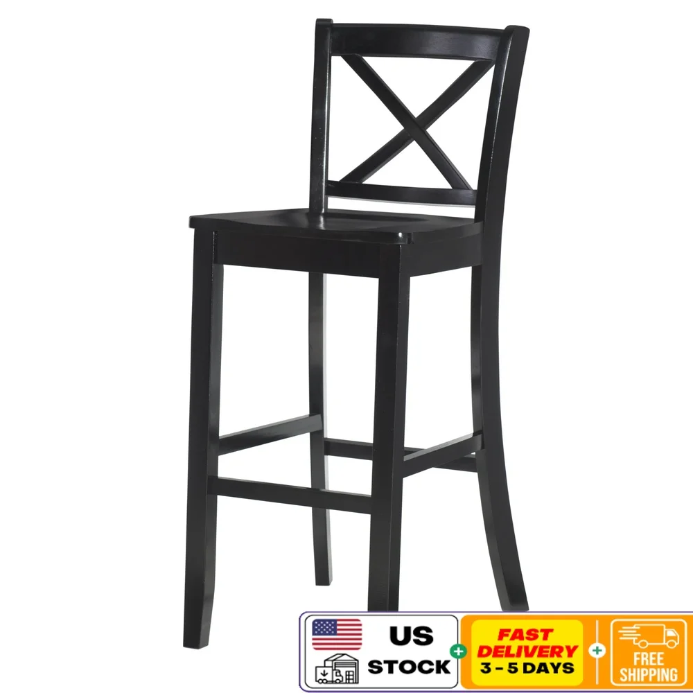 

30 Inch Cross Back Bar Stool Indoor Solid Wood Sturdy Kitchen Dining Counter Height Comfortable Footrest Support Easy Assembly