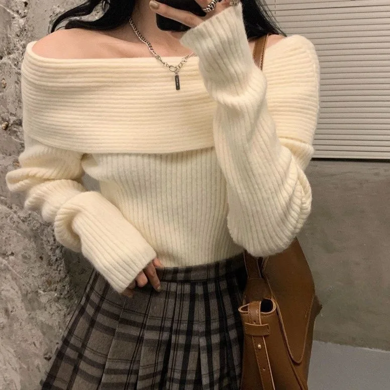 Off Shoulder Knitted Sweater Women Long Sleeve Elegant Pullovers Autumn Winter Pure Color Fashion Sexy Y2k Clothing Tops Korean