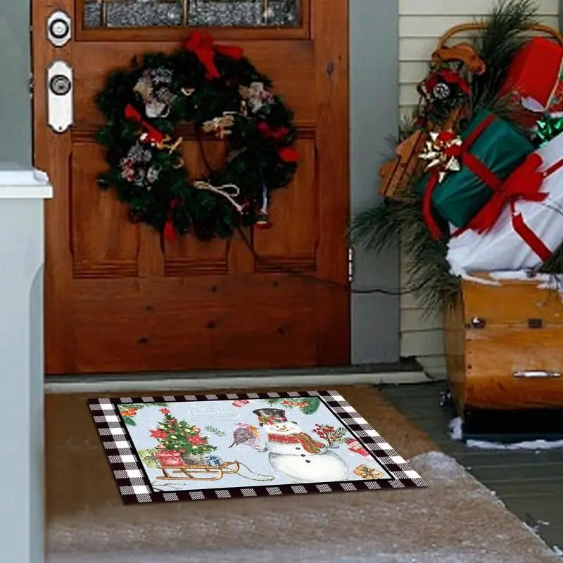 VIKAMA Christmas Gnome Doormat Durable Plaid Border Car Snow Scene Print Non Slip Mat For Front Door Porch Xmas Home Decor