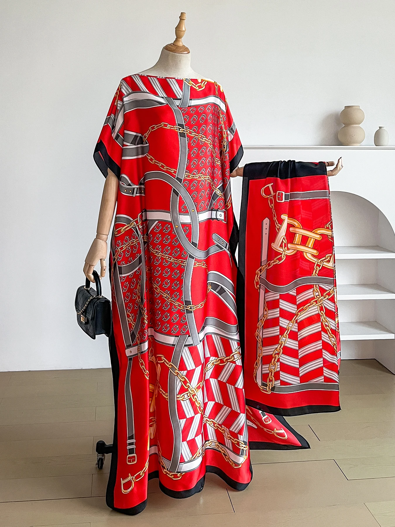 Popular Chain Print Boat Neck Modest Dress Elegant Batwing Sleeve Loose Maxi Dress With Hijab African Women's Clothing view 6
