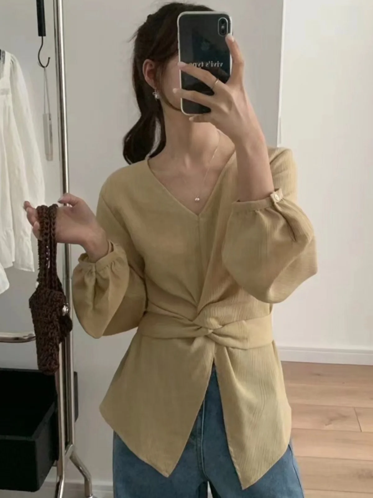 

Ele V-ne Cross Tie Waist Long Sve irt Women's Faion Autumn Top Korean Sle Loose Fit Color Busin Casual