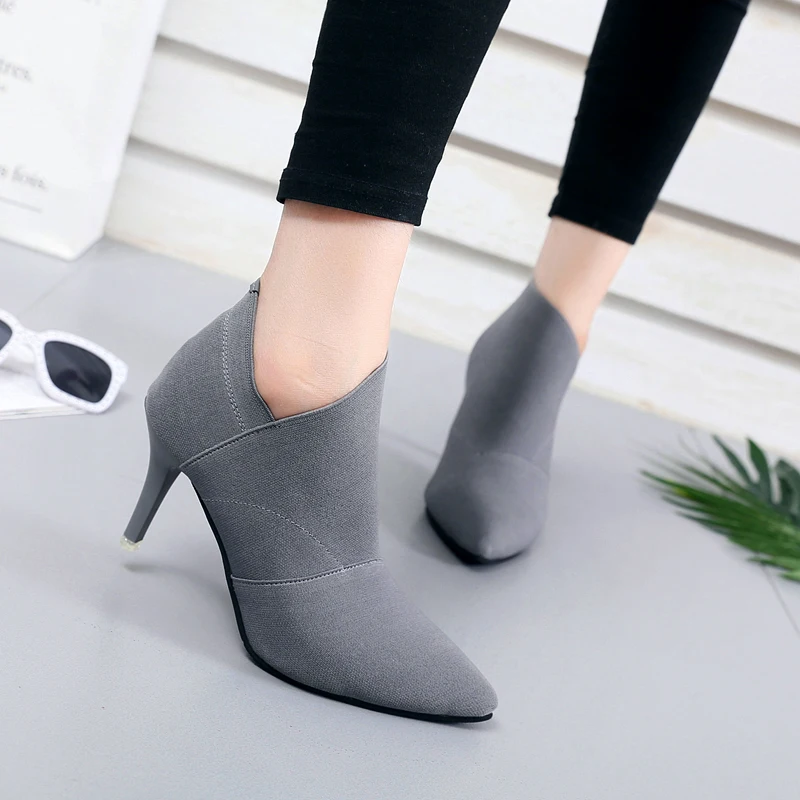 2023 Grey Fashion Women High Heel Booties Large Size Female High-Heeled Boots Young Ladies Booties  Heel Cloth Boots