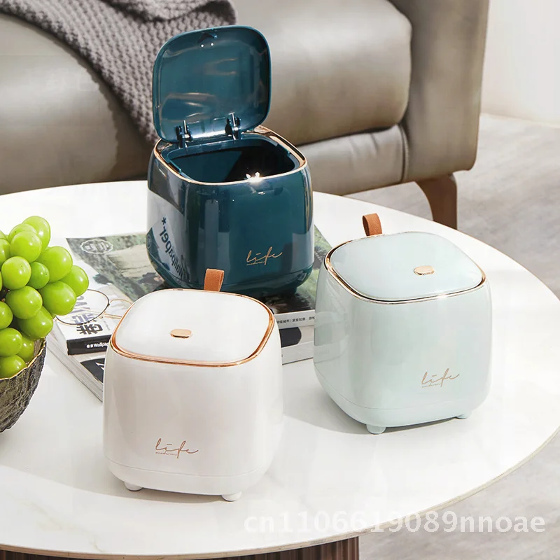 

Light Luxury Small Trash Can with Lid - Silent Push-Type Opening White/Dark Green/Light Green Plastic Garbage Basket for Desktop