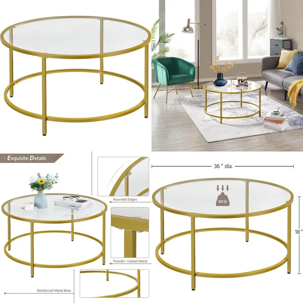 Tavolino da caffè moderno rotondo in vetro temperato trasparente da 36 pollici per soggiorno, tavolo centrale semplice ed elegante, ideale per piccoli spazi a