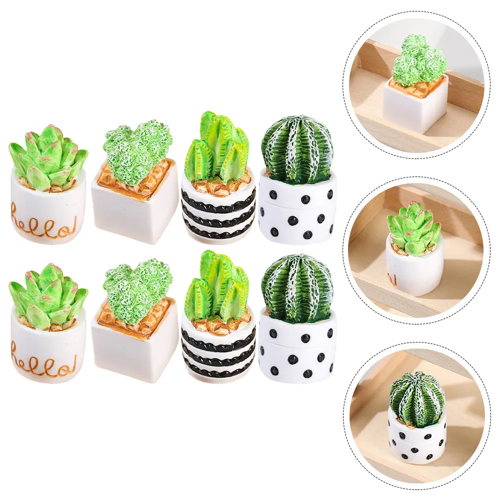 

8Pcs Miniature Artificial Cactus Resin Potted Plant Desktop Home Office Decoration Tiny Green Plant Accents Resin Figurines