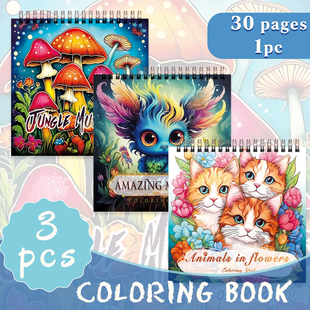 3 قطع من كتاب التلوين النسائي، أنماط وحش خيالية على شكل فطر القطط، سميكة 30 صفحة حلزونية، هدية مثالية للاسترخاء