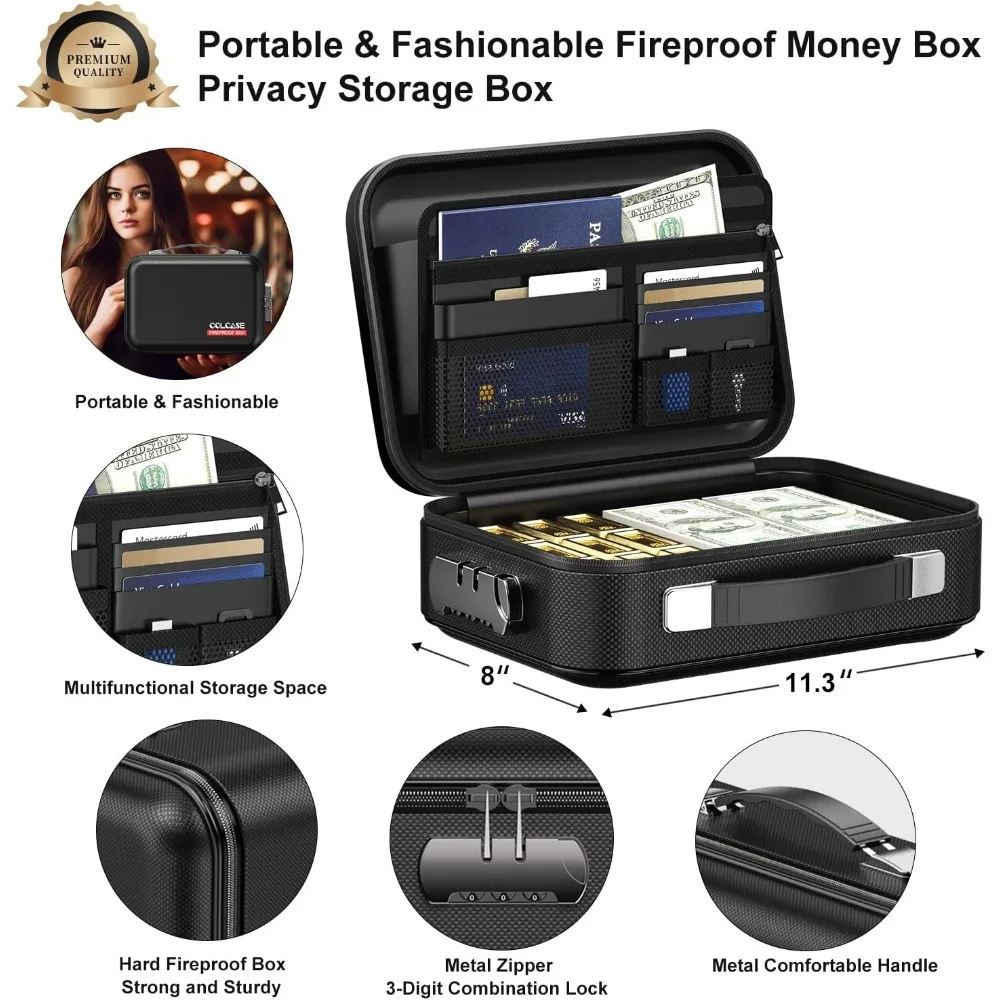 ロック付き耐火貯金箱、ハードシェルデザイン耐火防水ポータブル金庫、現金、パスポート、貴重品用