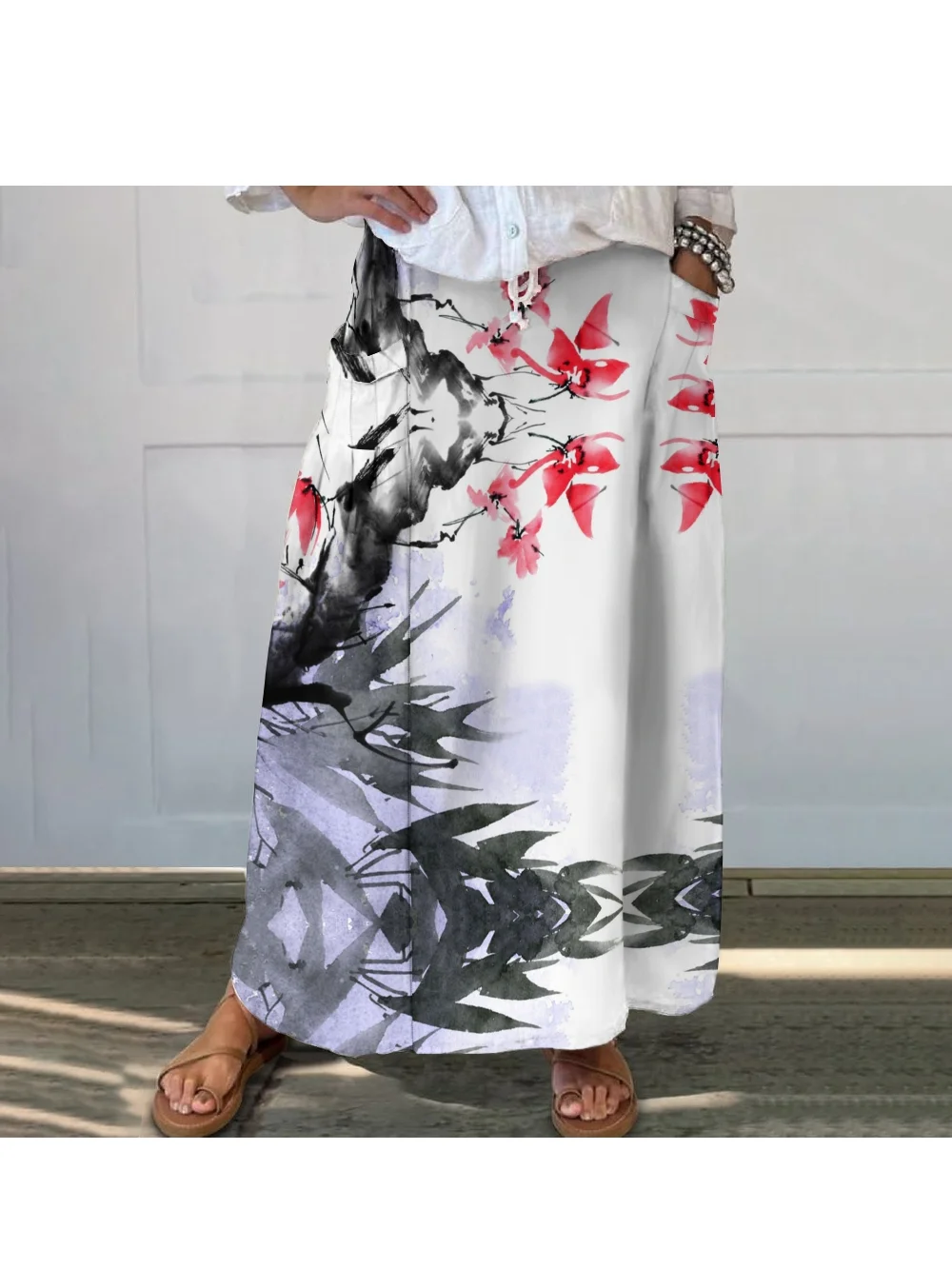 National Style Fashionable Printed Skirt Women's Leisure Loose Summer High Quality Beach Dress Ink Printing Retro Straight Skirt