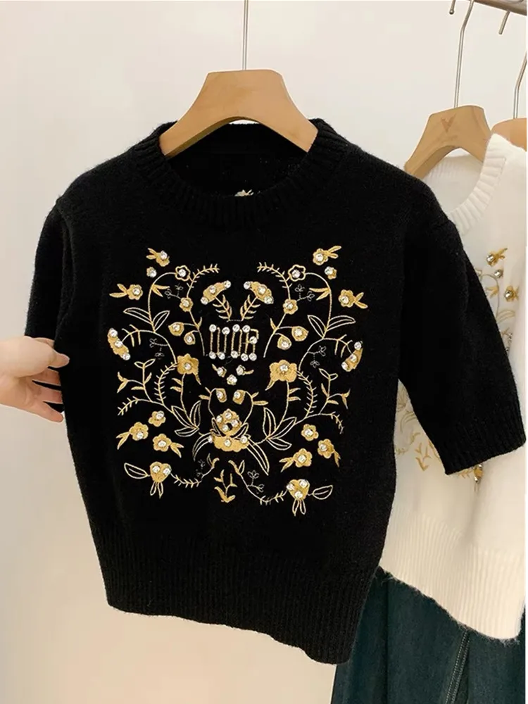 SMTHMA New Fashion Luxury Beaded Embroidery Short Sleeved Knitted Sweater For Women 2024 Spring Summer O-Neck Pullover Top