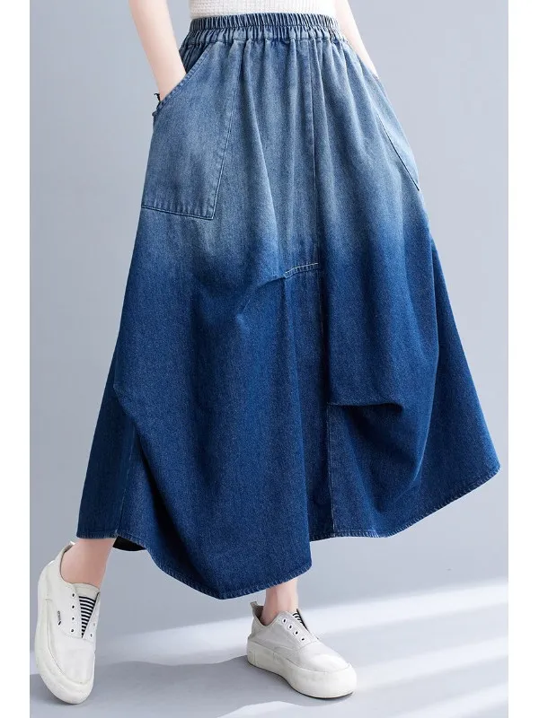 

aduated Color Denim f Skirt Women's Summer Elastic Waist Loose Pleated A-Line Long Skirt for plus Size Conceals Flatters
