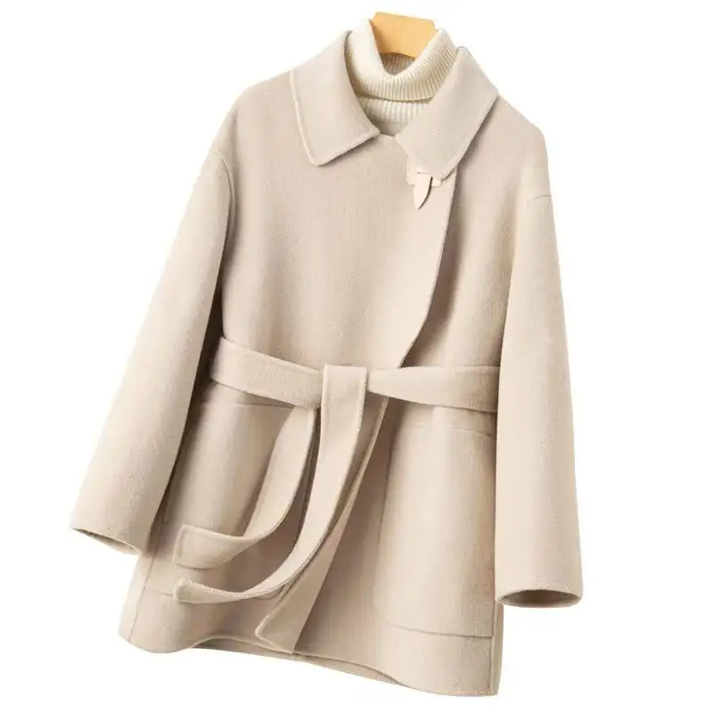 معطف بدلة نقية أنيق للنساء مع ربطة عنق على الطراز الكوري ملابس خارجية صوفية مزدوجة الجوانب بلون سادة لخريف وشتاء #5
