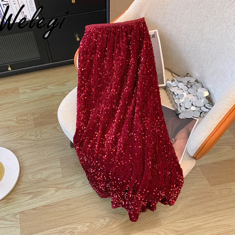 

Shinny Red Velvet Sequined Long Skirt Office Ladies Autumn Temperament Women's High Waist A Line One Piece Hip Wrap Long Skirts