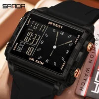 SANDA, reloj analógico electrónico a la moda para hombres y mujeres, resistente al agua, esfera cuadrada, temporizador de cuenta regresiva, reloj de pulsera Digital para hombre, hora mundial
