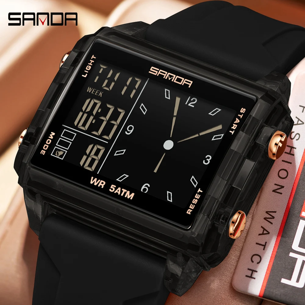 SANDA Fashion Electron Analog Watch for Men Women Waterproof Square Dial Count Down Timer Digital Wristwatch Man World Time